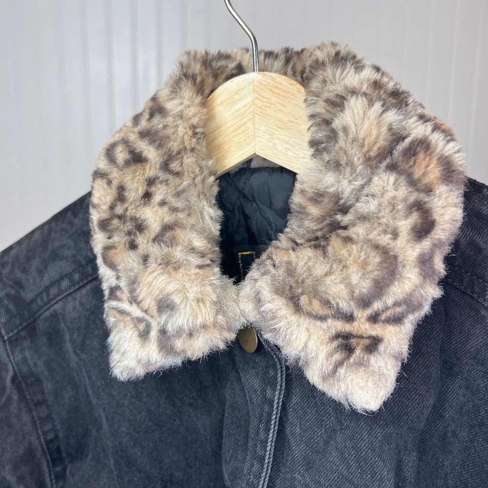 Vtg 90s Denim Jacket Girls Glam Black Faux Leopard Fur KC Collections Size L - Picture 6 of 12